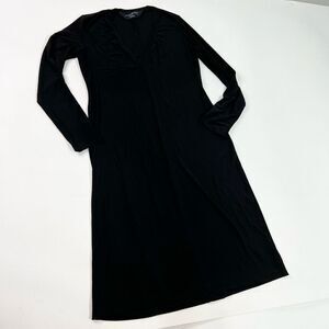 Norma Kamali Fit & Flare Dress Womens Large Black Plunging Neck Long Sleeve Midi